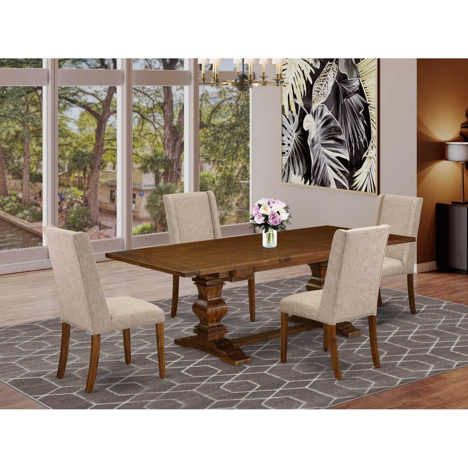 5-Piece Wood Dining Set - Rectangular Table & 4 Linen Fabric Chairs - Walnut Finish