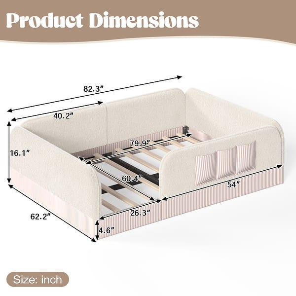 dimension image slide 6 of 9, Twin/Full/Queen Teddy Fleece Floor Bed with Upholstered Safety Rails and Pocket