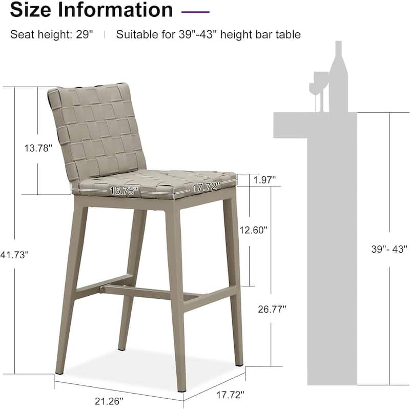 PURPLE LEAF Outdoor Counter Height Bar Stools Set of 2, PU Leather Patio Bar Set with Aluminum Frame - N/A