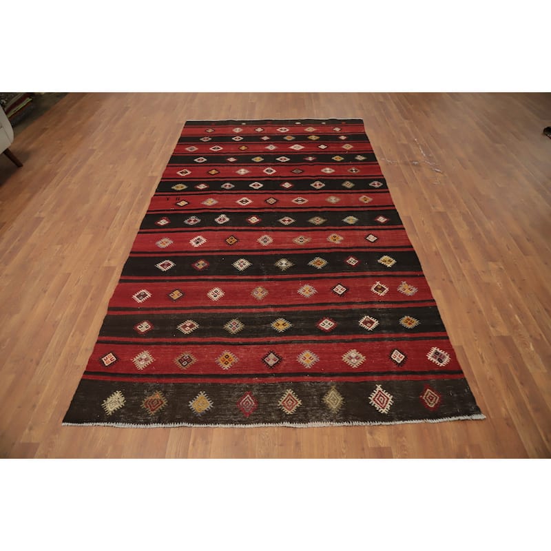 Hand Woven Oriental 100% Wool Carpet Southwestern Tribal Red Kilim Area Rug - 9' 7'' X 5' 5''