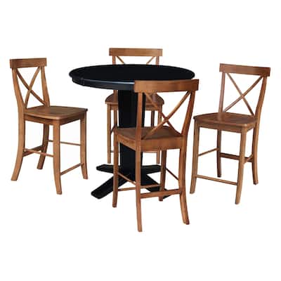 36 in Round Counter Height Extension Dining Table with 12 in Leaf and Stools - Black/Distressed Oak