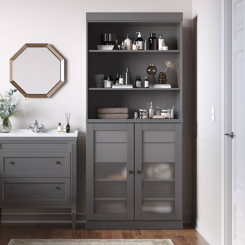 100% Solid Wood 32" Bathroom Cabinet with Optional Doors, 2-Drawers by Palace Imports - Gray - 2 Frosted Glass Doors