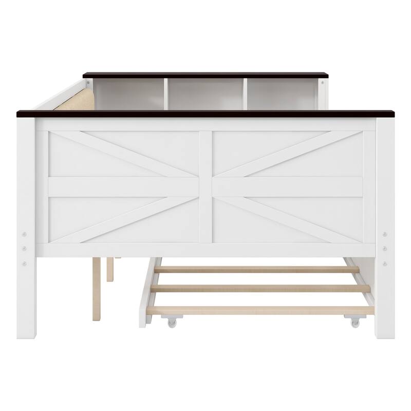 Wood Daybed with Storage Headboard Shelves Built-in USB, Upholstered Backrest and Trundle Bed, White Platform Storage Bed Frame