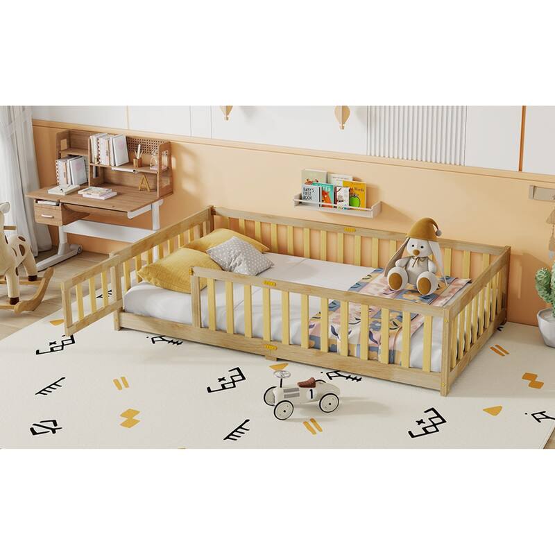Roomfitters Twin/Full/Queen Rubber Wood Floor Bed with Fence and Swing Door, Safety Guardrails, Low Profile Design