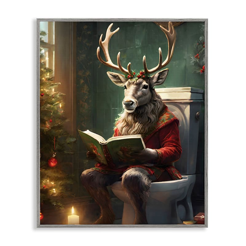 Stupell Reindeer in Festive Bathroom Framed Giclee Art Design By Jo Moulton - 24 x 30 - Grey