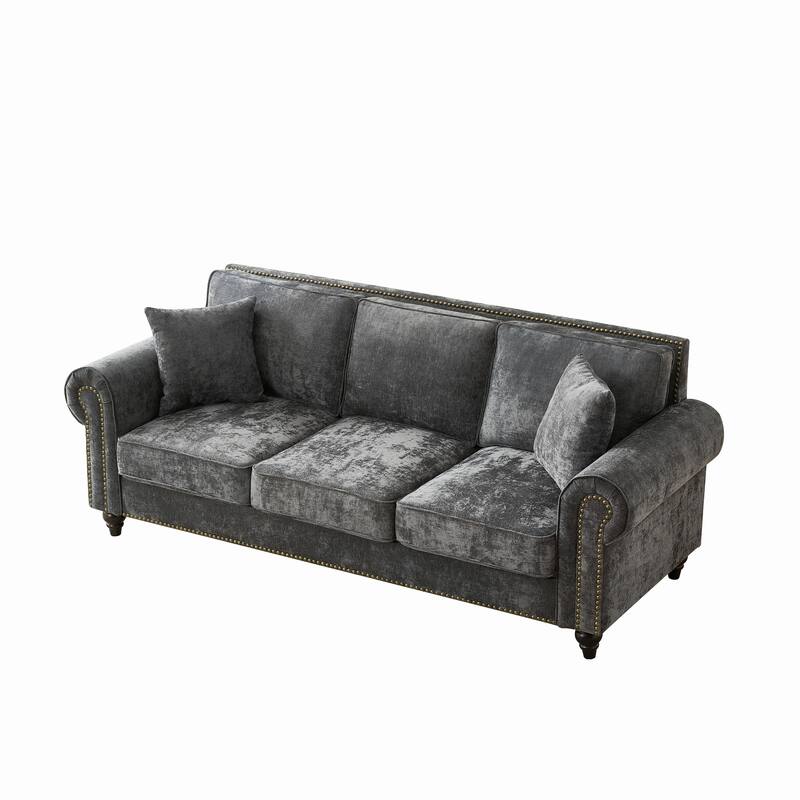 Living Room Deep Seat Rolled Arms Sofa Chenille Upholstered 3 Seater Couch with Wood Legs, Nailhead Trim and Pillows
