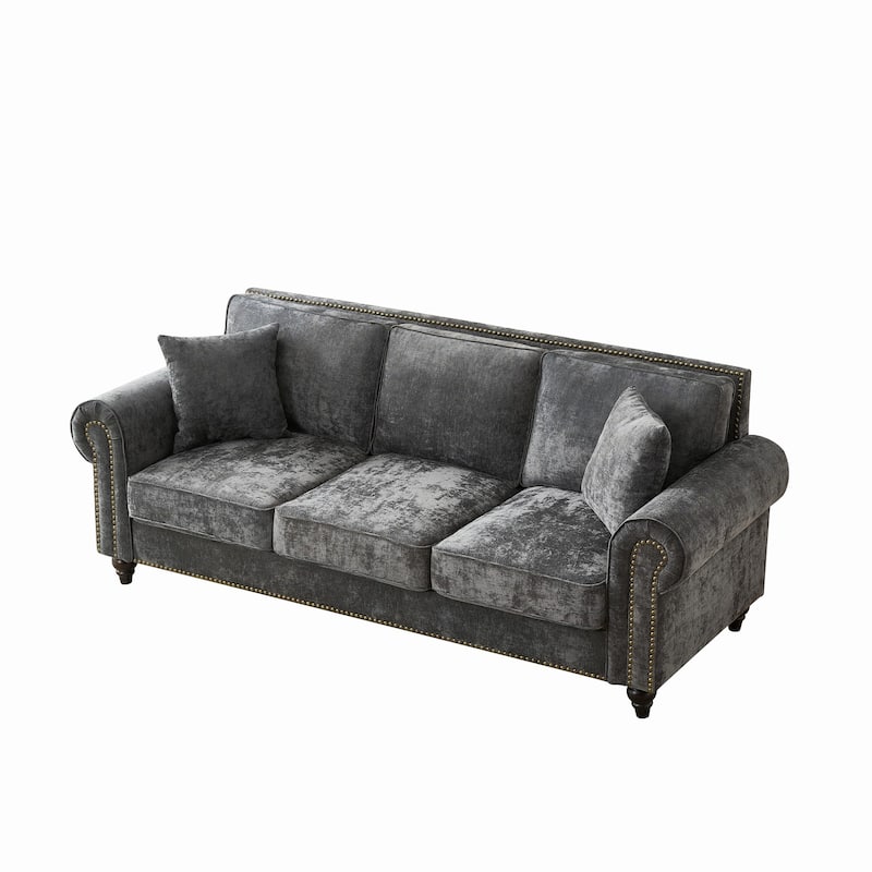 Roomfitters 86" Modern Upholstered Sofa with Scrolled Arms and Nailhead Trim, Classic 3-Seater Couch for Living Room