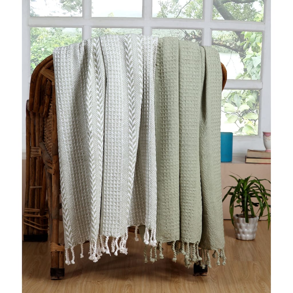 Hand Woven Cotton Throw Blankets All-Season with Fringes, 50x60" - Set of 2