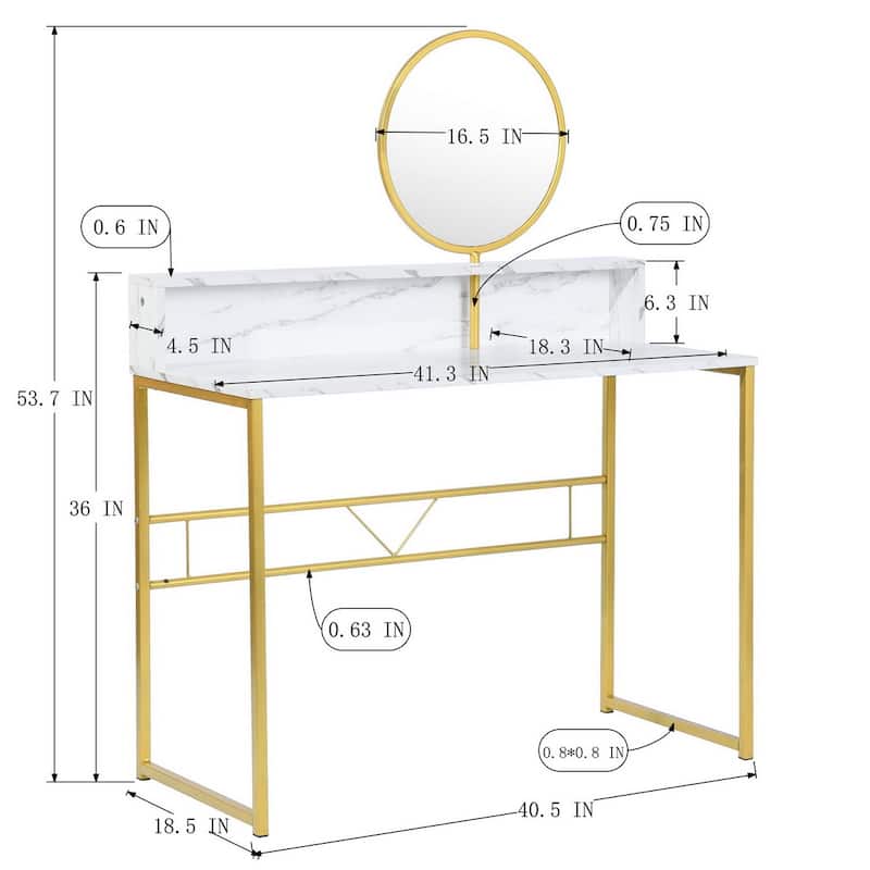 Homylin 41" Modern Vanity Table with Round Mirror, White Marble & Gold