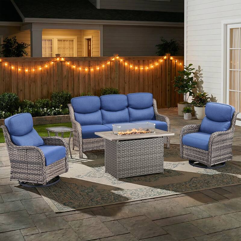 Pocassy Outdoor Fire Pit Sofa Swivel Chairs Conversation Set - Gray Wicker Blue Cushion - 5-Piece Sofa Swivel Chair Table w/ Fie Pit Table