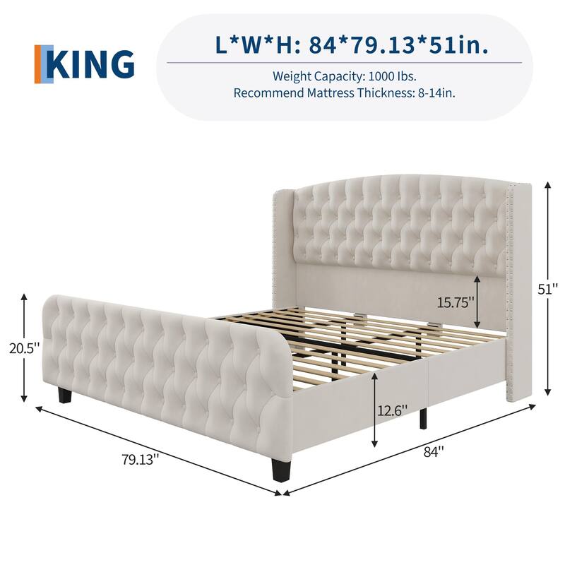 51" Tall Queen Size Bed Frame with Deep Button Tufted Wingback Headboard and Footboard