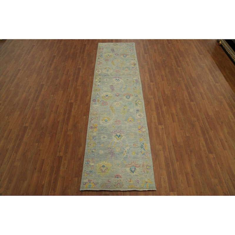 Vegetable Dye Gray Oushak Turkish Runner Rug, Floral Geometric Carpet - 11' 5'' X 3' 1''
