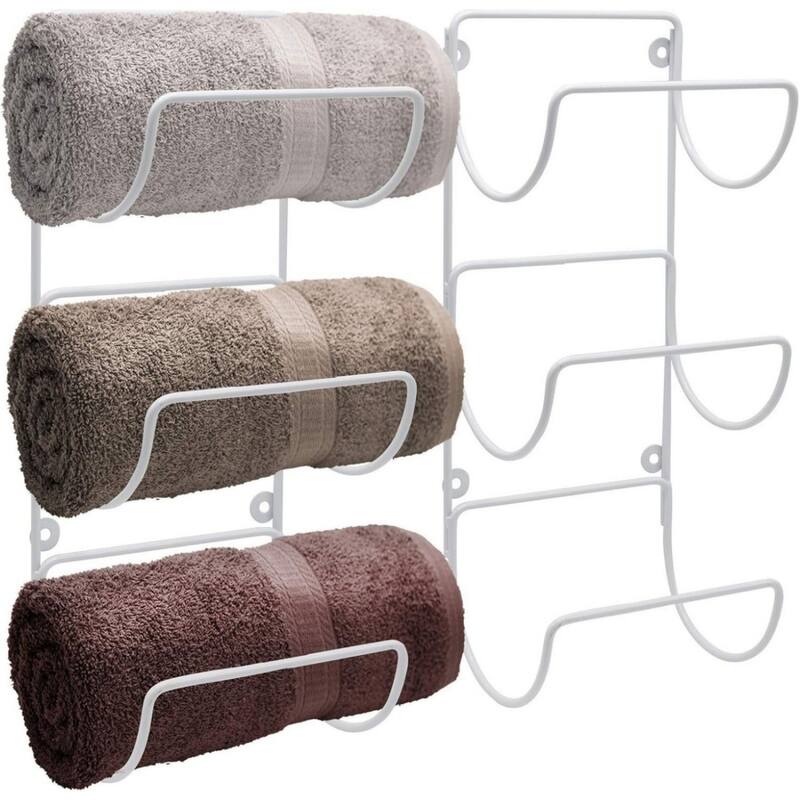Bathroom towel rack, 6-tier roll-up or fold-out towel rack with floating shelves. - White