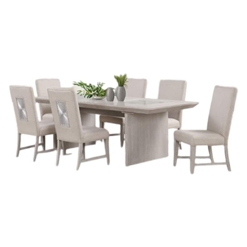 Diaz 7pc Dining Table Set, Extendable Leaf, 6 Fabric Chair, Gray Wood