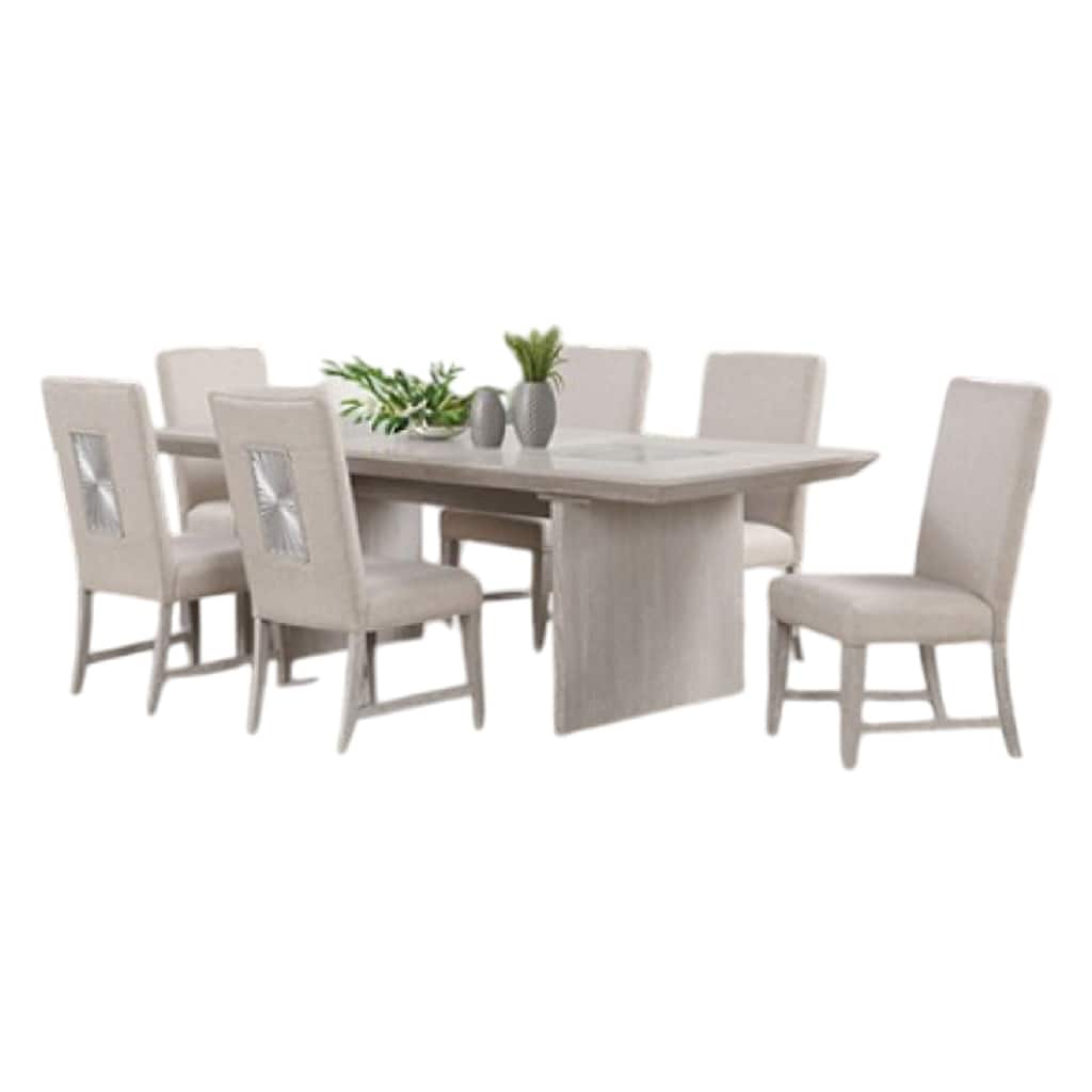 Diaz 7pc Dining Table Set, Extendable Leaf, 6 Fabric Chair, Gray Wood