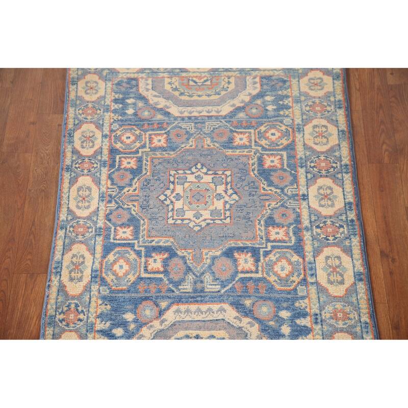 Blue Geometric Kazak Accent Rug Hand-Knotted Wool Carpet - 2'9" x 4'0"