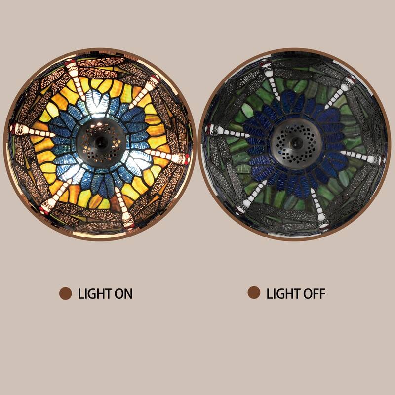 Penana 52-Inch Flushmount Lighted Ceiling Fan Green Blue Dragonfly Tiffany Glass Lamp Black Finish