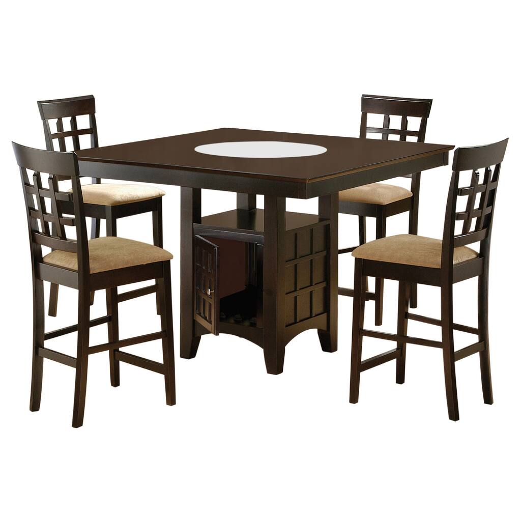 Uric Counter Height Dining Table w Wine Storage, 4 Lattice Chairs, Brown