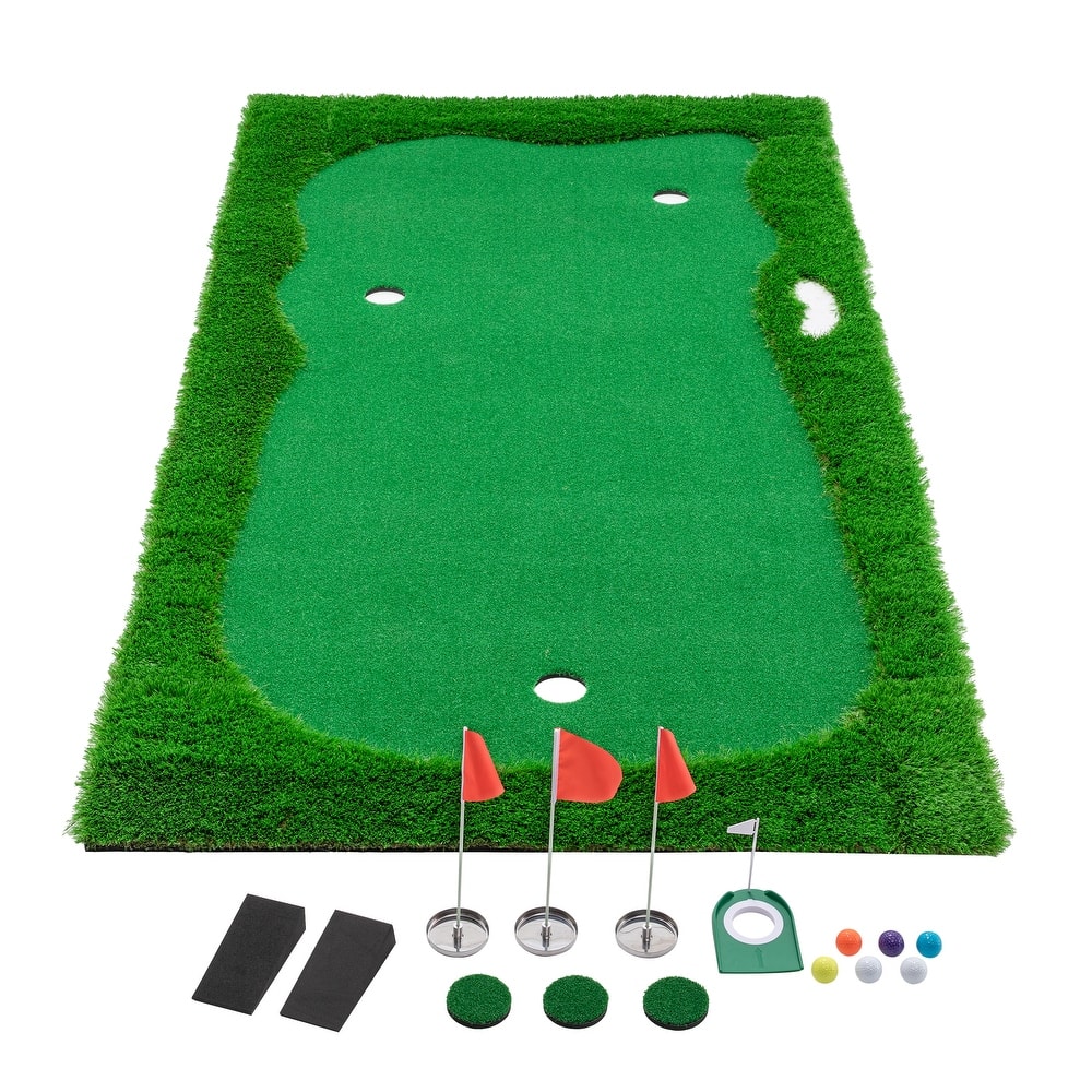 Green Golf Putting, Golf Training Mat with High-quality Turf, 3 Holes, 3 Flags and Cups for Indoor & Outdoor