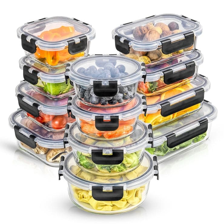 JoyFul 24 Piece Glass Food Storage Containers Set with Airtight Lids - Black
