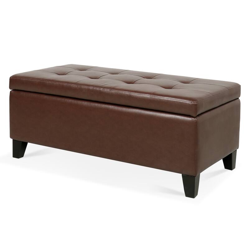 Storage Ottoman with Wooden Legs, Faux Leather Ottoman with Storage for Living Room, Bedroom & Hallway, Ottoman Foot Rest - Brown PU