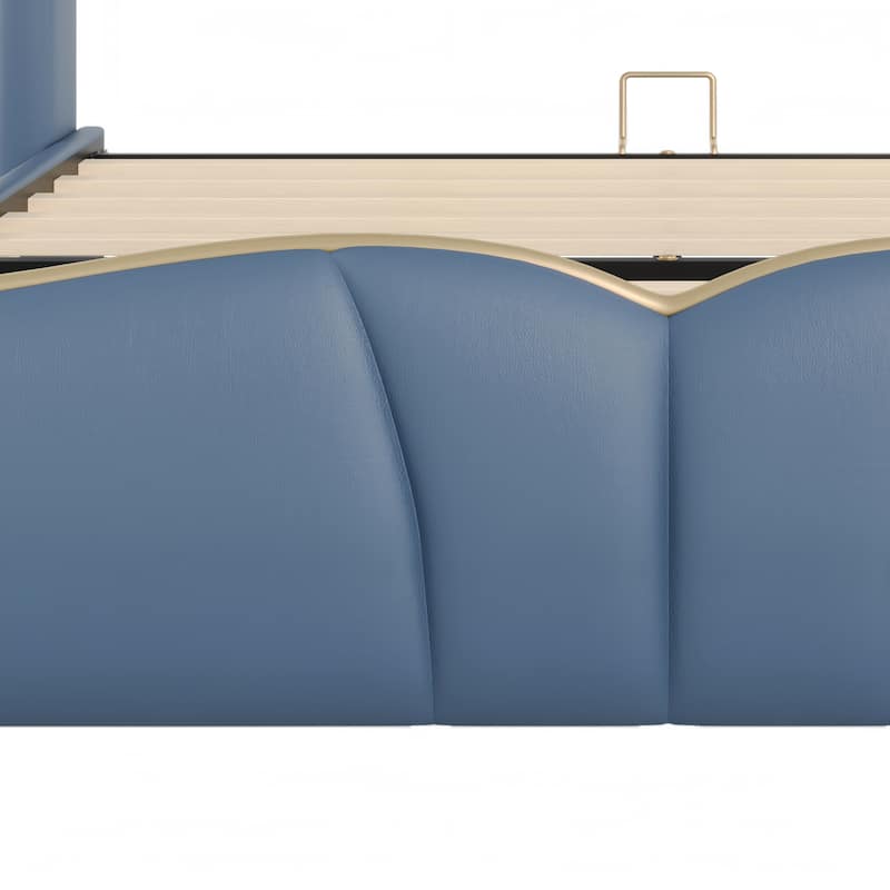Roomfitters Queen Size PU Upholstered Platform Bed Frame with Wingback Headboard and Wavy Footboard, Modern Leather Bed