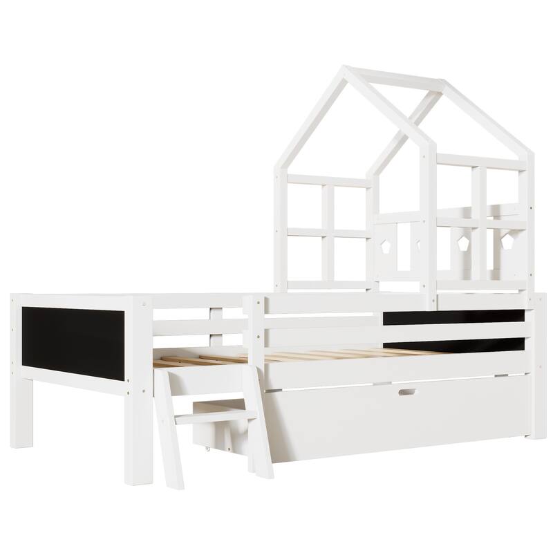 Twin Size House Bed with Ladder and Storage Drawers