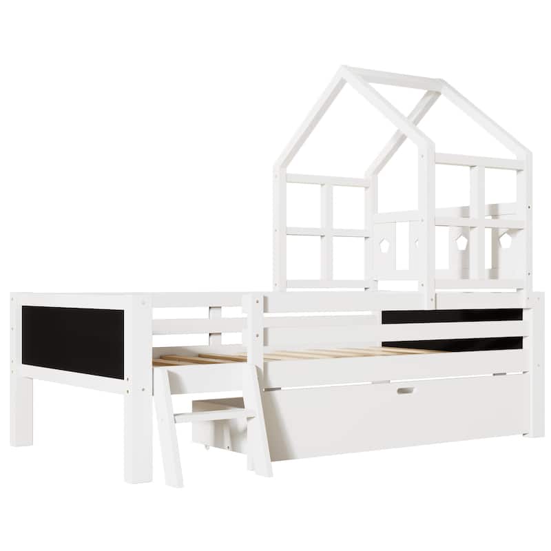 Twin Size Wood Platform Bed with Ladder, Storage Drawer and 2 Chalkboards(No Box Spring Needed)
