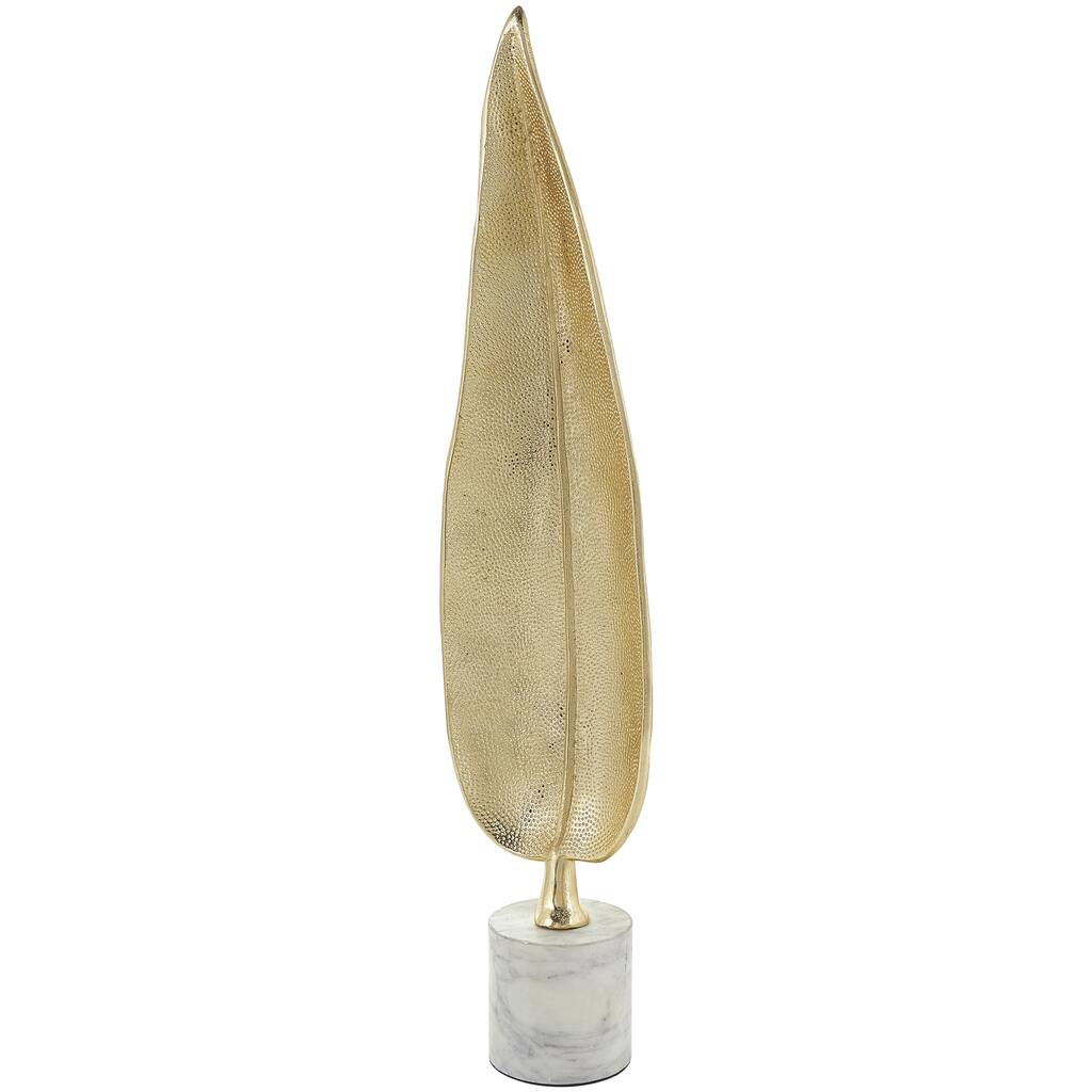 Aluminum Metal Leaf Textured Decorative Sculpture with White Marble Base - Gold - CosmoLiving by Cosmopolitan