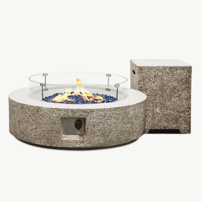 Patio Watcher 42in. Outdoor Round Magnesium Oxide Fire Pit Table with Gas Tank Cover and Wind Guard