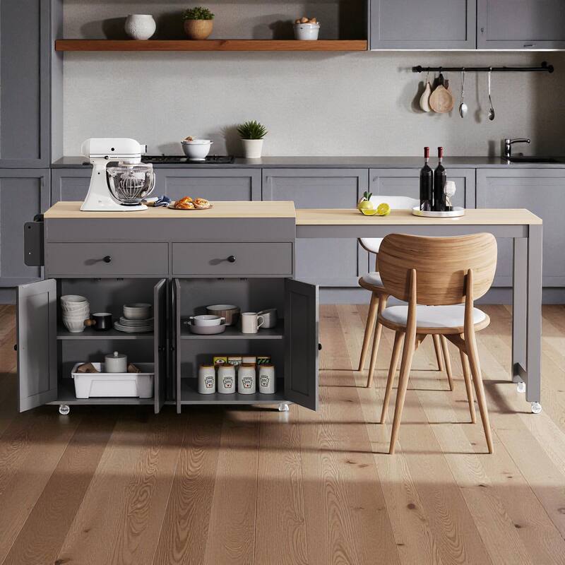 74.5" Extendable Kitchen Island with Dining Table, Rolling Storage Cart with 4 Doors, 2 Drawers, and Spice Rack