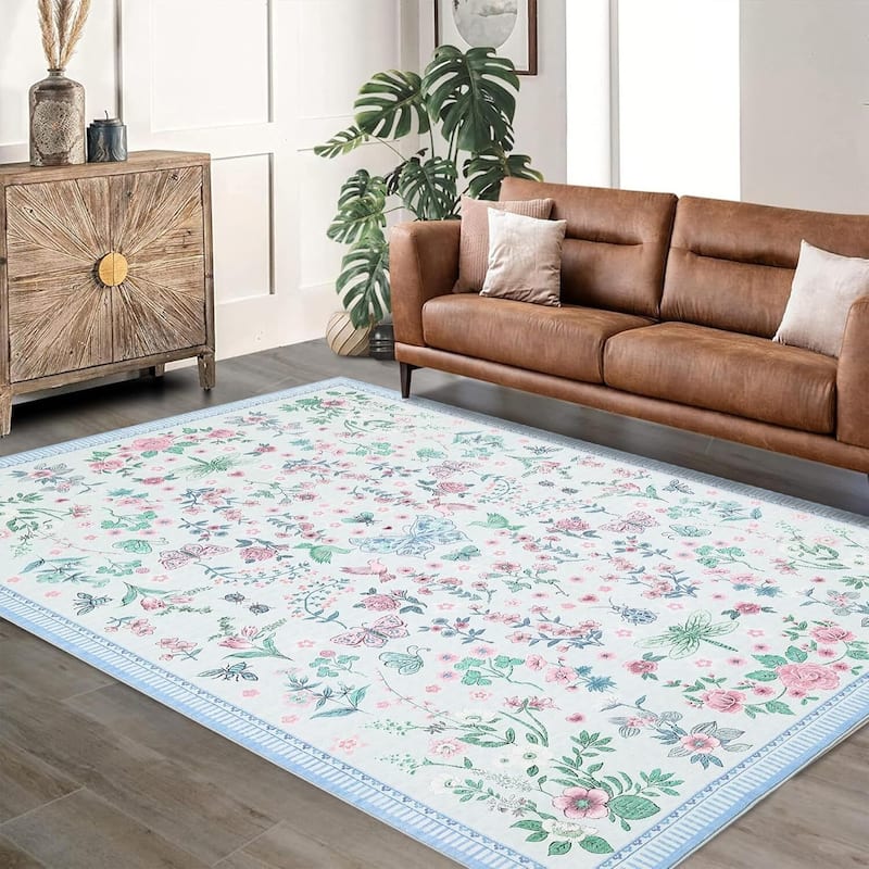 Modern Floral Machine Washable Indoor Waterproof Area Rug for Bedroom, Living Room, Blue - 2' x 3' - Blue 9*12ft