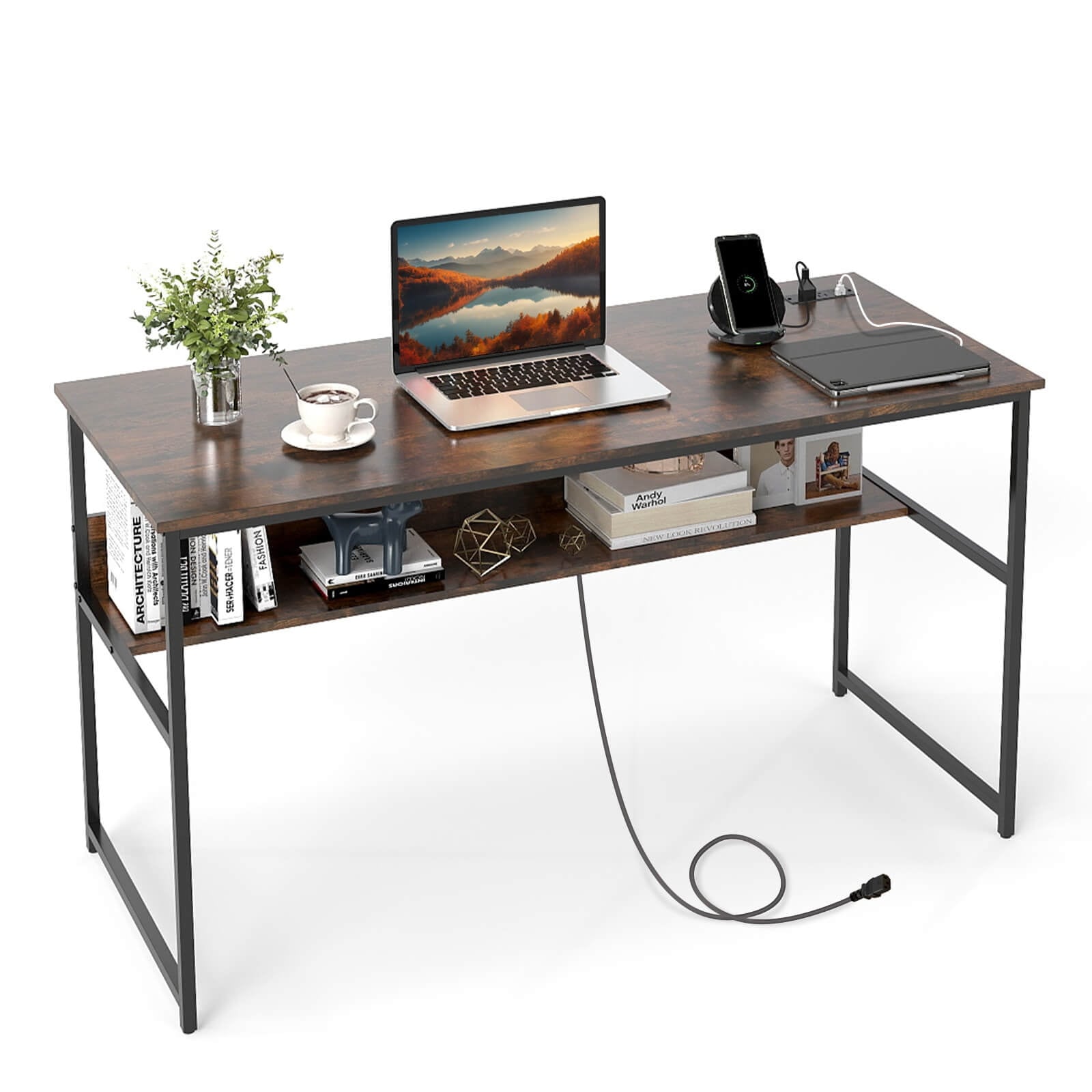 Costway 55" x 24" Computer Desk with Power Outlets & USB Ports,