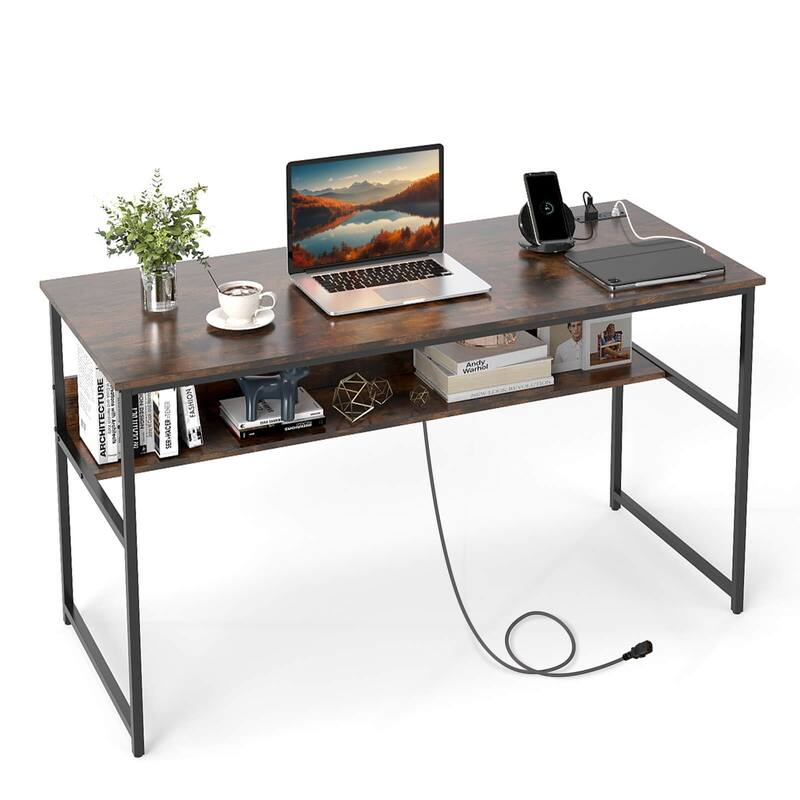 Costway 55" x 24" Computer Desk with Power Outlets & USB Ports,
