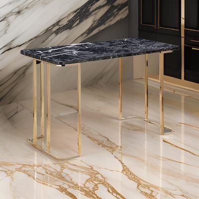 Jenny 47 Inch Desk, USB Power Outlet, Gold Metal Legs, Black Faux Marble
