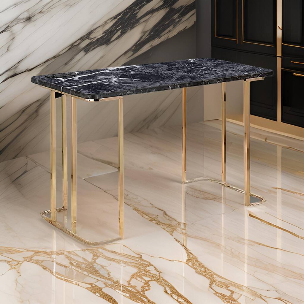 Jenny 47 Inch Desk, USB Power Outlet, Gold Metal Legs, Black Faux Marble