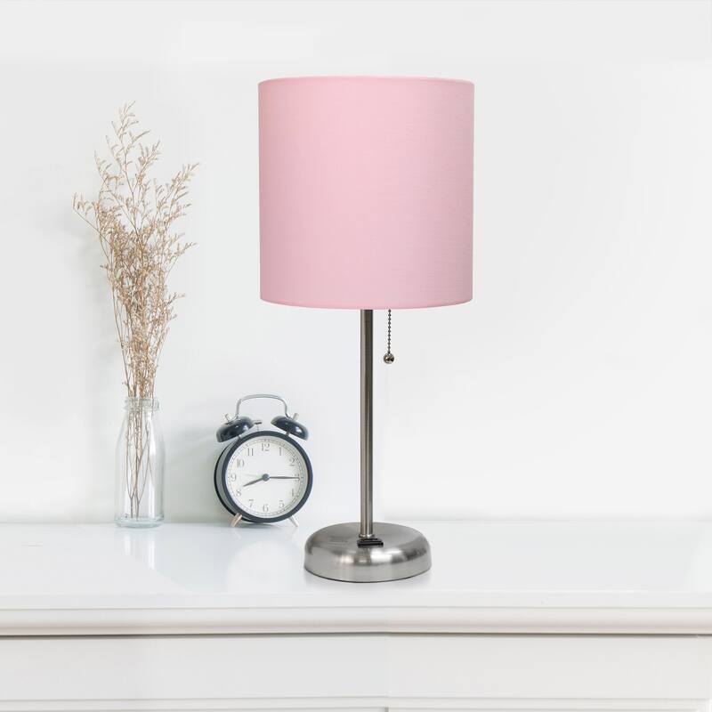 19.5 in. Brushed Steel Finish Table Lamp with Pink Shade, Durable Stick Lamp for End/Side Tables, Set of 2