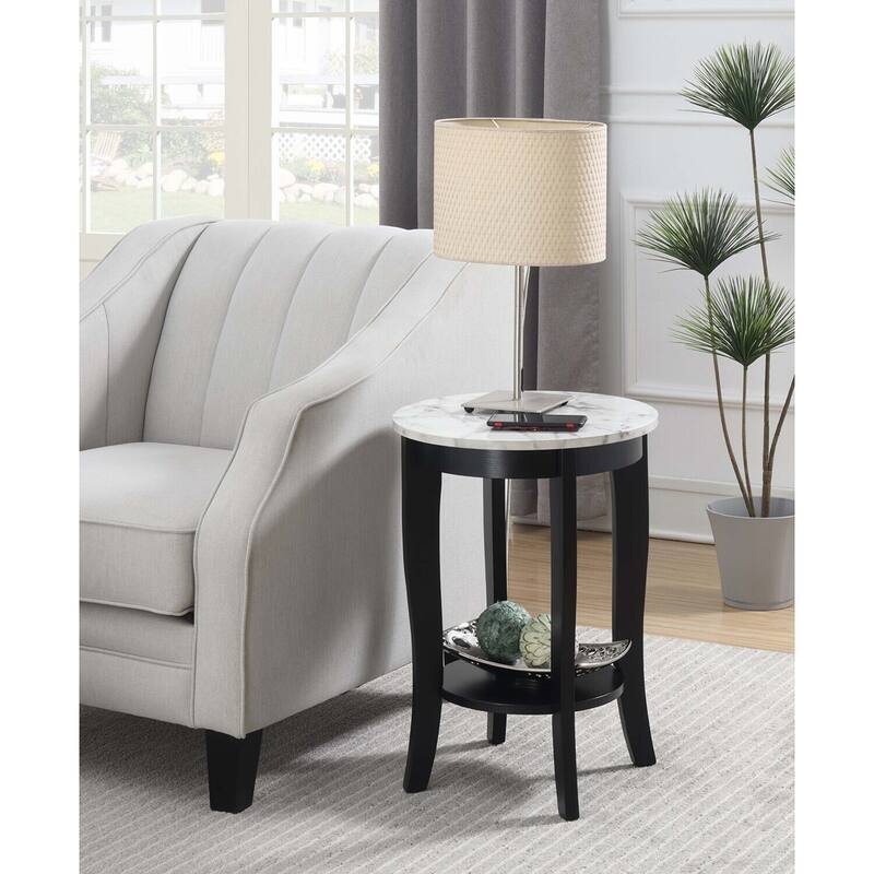 End Table with Drawer and Slide Out Shelf, Sleek Faux Marble Top with Black Finish, Stylish Storage Table for Living Room