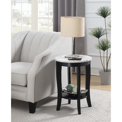 End Table with Drawer and Slide Out Shelf, Sleek Faux Marble Top with Black Finish, Stylish Storage Table for Living Room