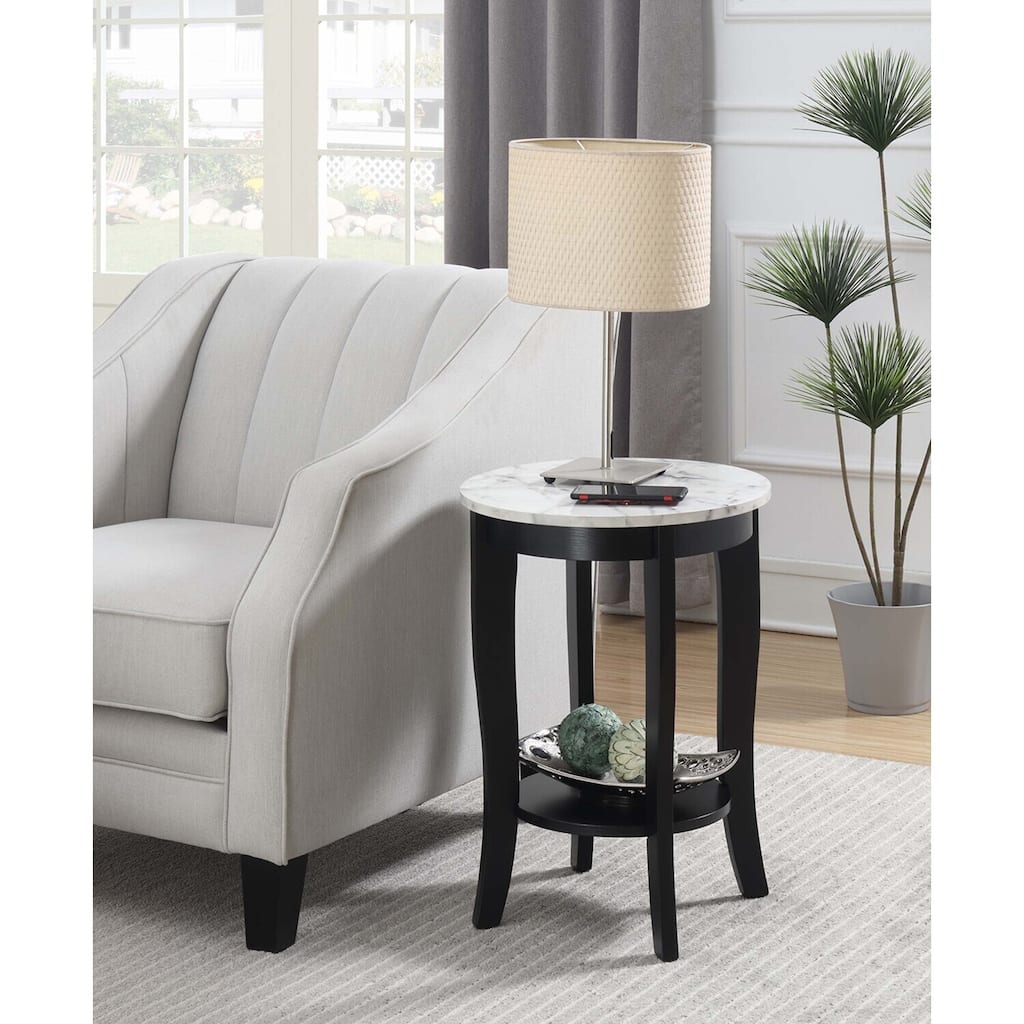End Table with Drawer and Slide Out Shelf, Sleek Faux Marble Top with Black Finish, Stylish Storage Table for Living Room