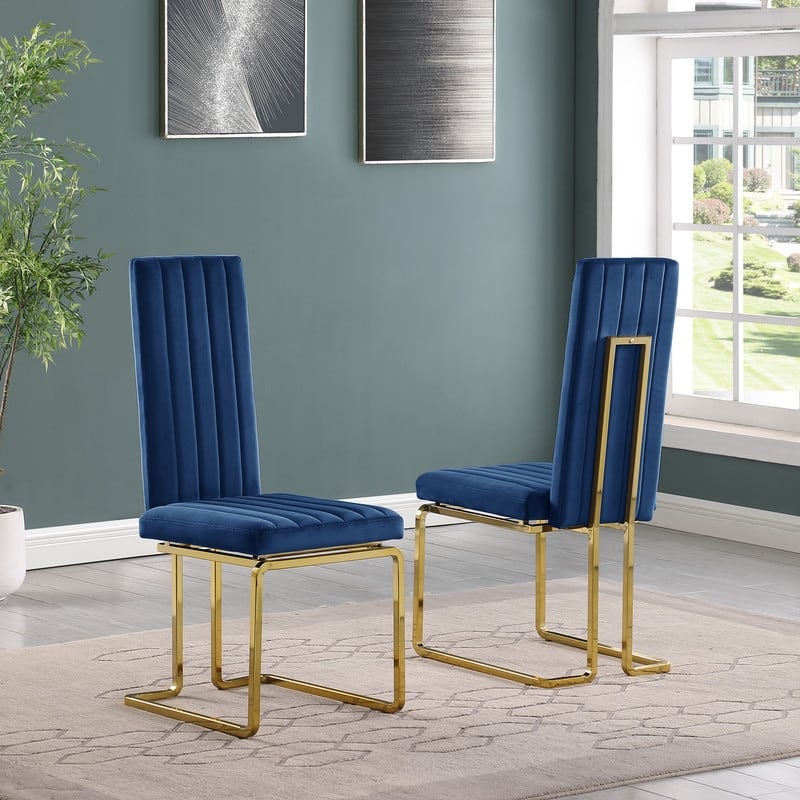 Best Quality Furniture Velvet Side Chairs **Set of 2** - Navy Blue - Gold