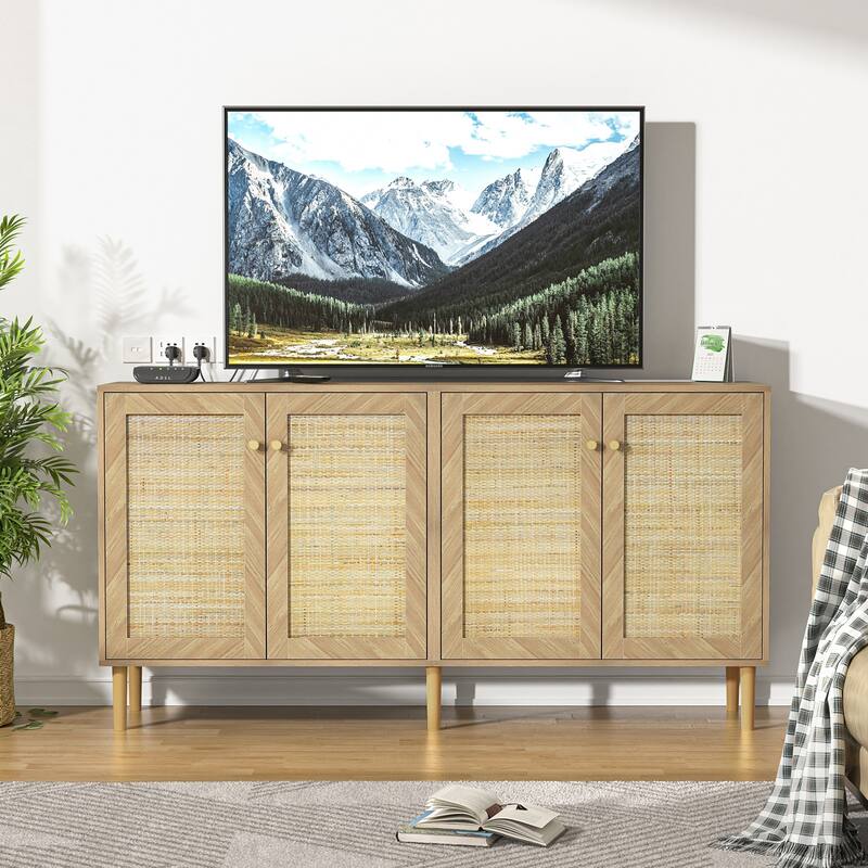 Anmytek Modern 63" W 4-Door Large Sideboard Buffet Rattan Kitchen Storage Cabinet with Adjustable Shelves