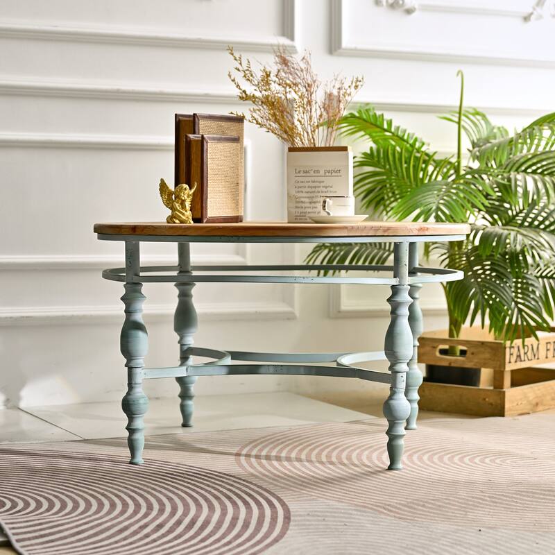 31.50" Accent Rustic Wooden Carved Coffee Table, Easy Assembly, Round Wooden Top Metal Leg Round End Table For Living Room