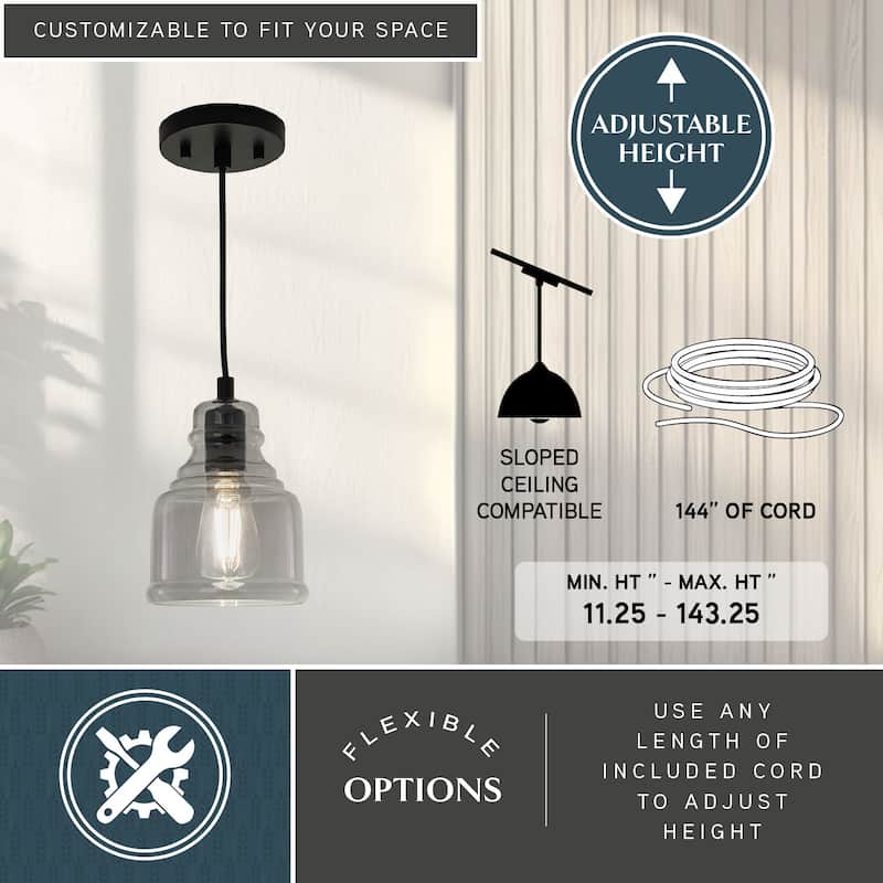 Millie Matte Black Mini Pendant Ceiling Light Smoke Gray Bell Glass - 6-in W x 8.25-in H x 6-in D