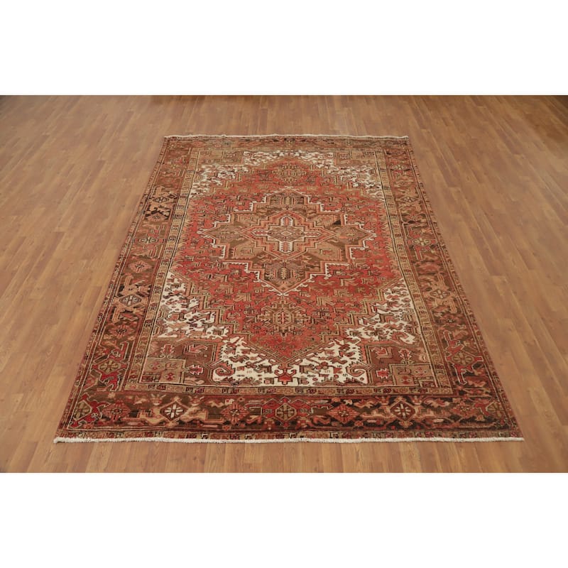 Hand Knotted Oriental 100% Wool Carpet Traditional Medallion Oranges & Rust Heriz Area Rug - 9' 7'' X 6' 11''