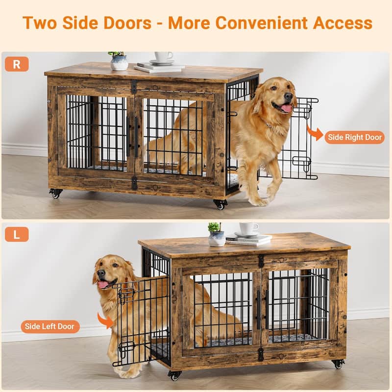 Dog Crate Indoor Heavy Duty Double Doors Wooden Dog Cage with Cushion
