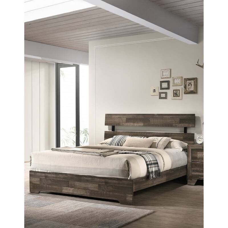 Rustic Queen Platform Bed Frame with Slat Headboard in Brown Finish