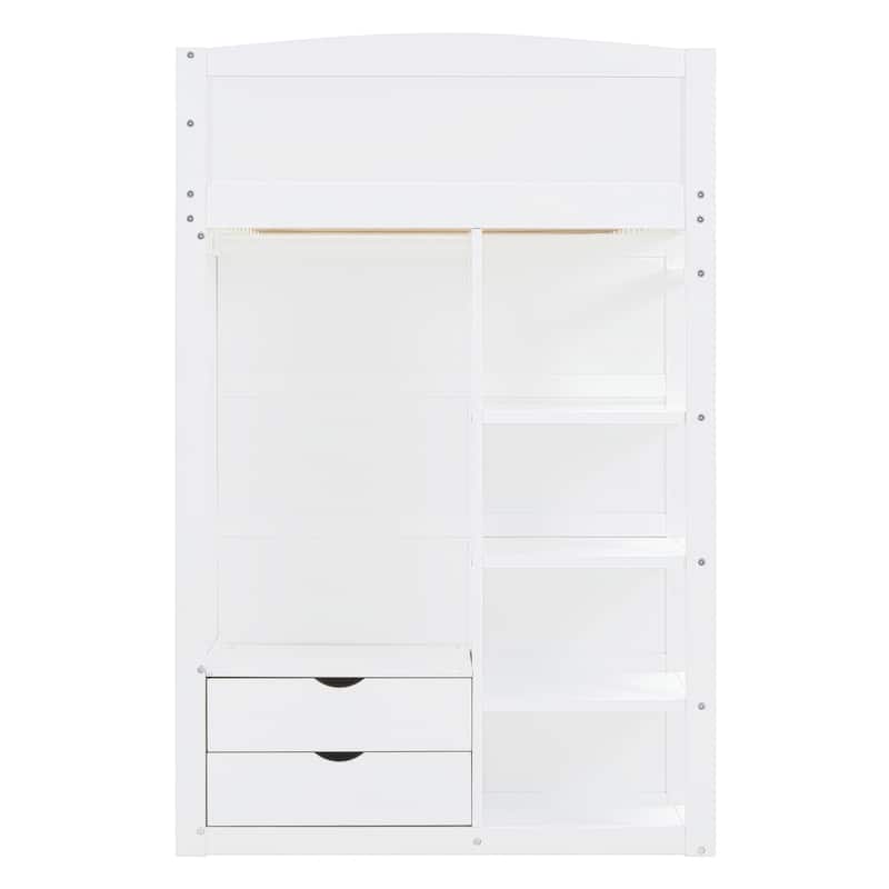 Twin Size Solid Wood Loft Bed with Desk, Wardrobes, 4 Drawers and 4 Shelves for Kids, Bedroom