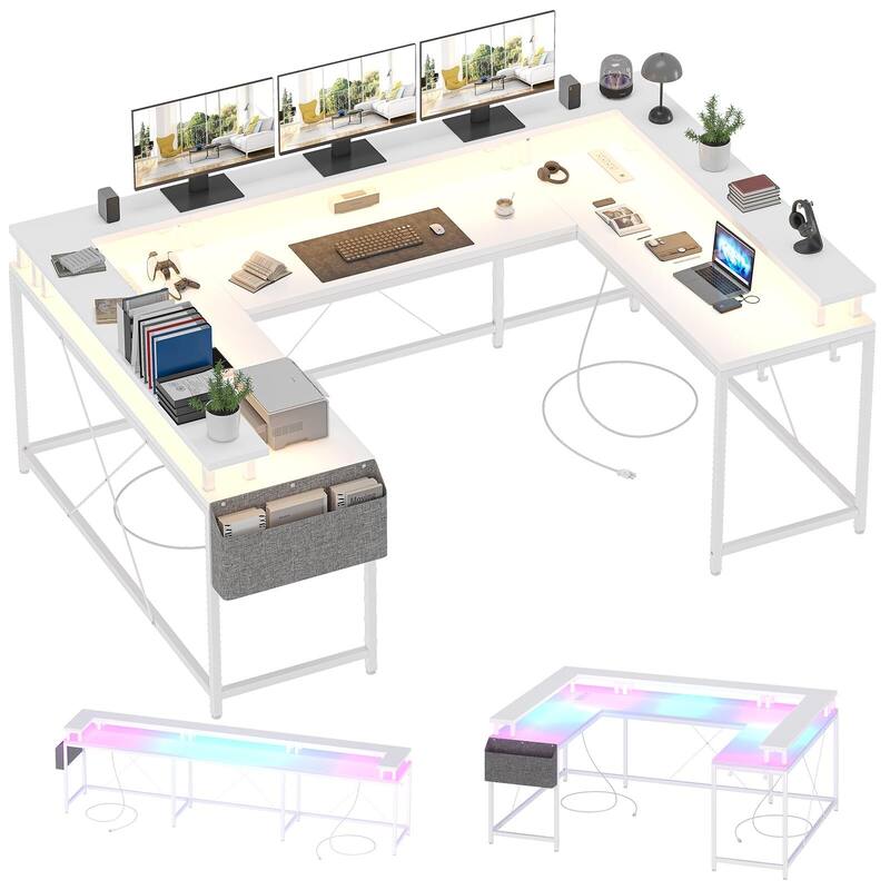 U Shaped Desk, 126 Inch Gaming Desk with Monitor Stand and LED Lights