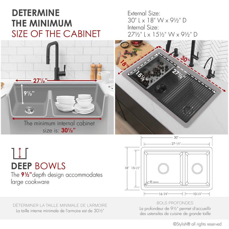 Composite Granite Dual-Mount 30" Double-Bowl kitchen Sink - 30" x 18" x 9.50"